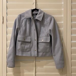 Zara Light Blue Gray Cropped Utility Jacket with Cargo Pockets
